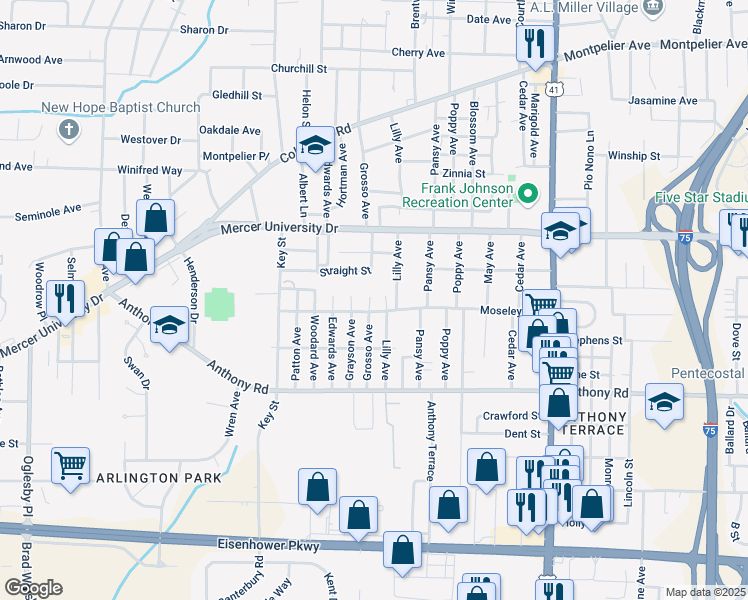 map of restaurants, bars, coffee shops, grocery stores, and more near 512 Moseley Avenue in Macon
