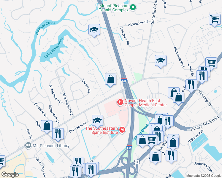map of restaurants, bars, coffee shops, grocery stores, and more near in Mount Pleasant