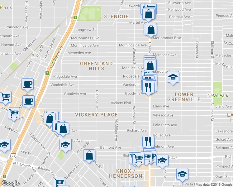 map of restaurants, bars, coffee shops, grocery stores, and more near McMillan Ave & Goodwin Ave in Dallas