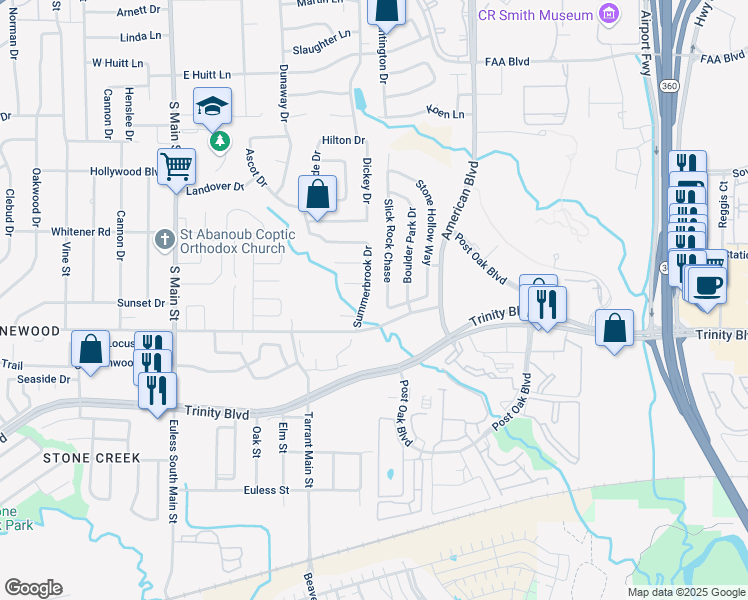 map of restaurants, bars, coffee shops, grocery stores, and more near 1113 Summerbrook Drive in Euless