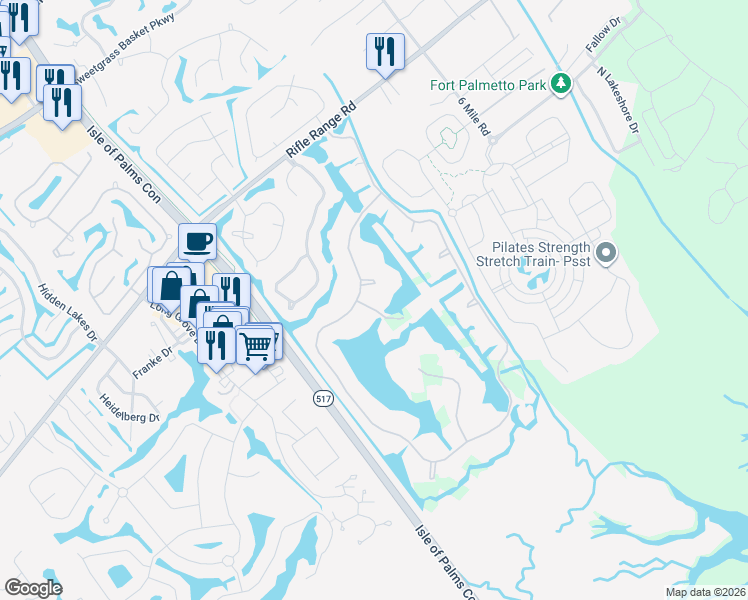 map of restaurants, bars, coffee shops, grocery stores, and more near 2059 Skyhawk Court in Mount Pleasant