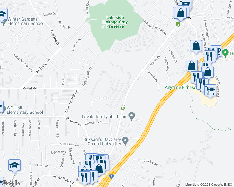 map of restaurants, bars, coffee shops, grocery stores, and more near 12970 Highway 8 Business in El Cajon