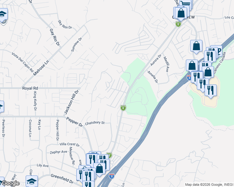 map of restaurants, bars, coffee shops, grocery stores, and more near 12970 Highway 8 Business in El Cajon