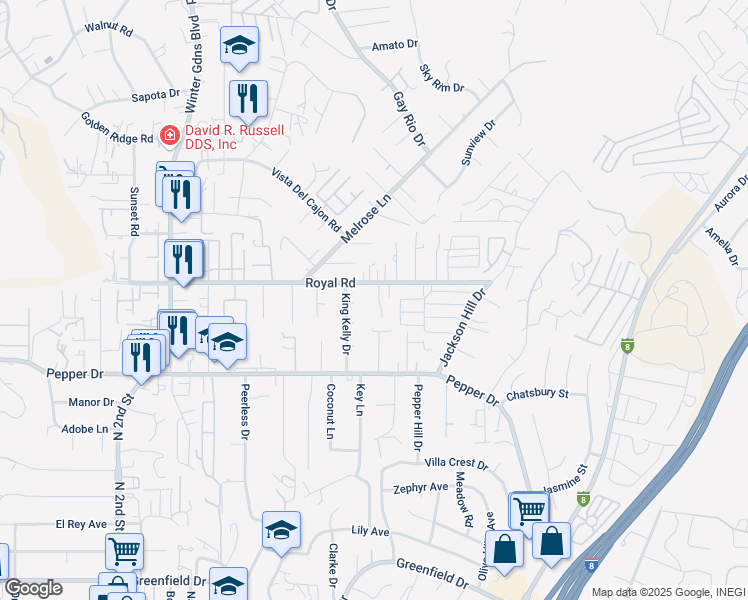map of restaurants, bars, coffee shops, grocery stores, and more near 8022 Royalito Lane in El Cajon