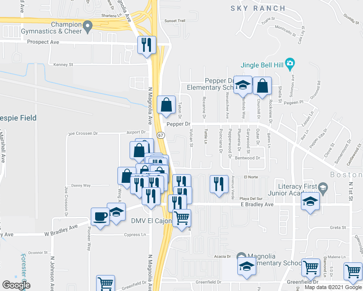 map of restaurants, bars, coffee shops, grocery stores, and more near 1662 Summertime Drive in El Cajon