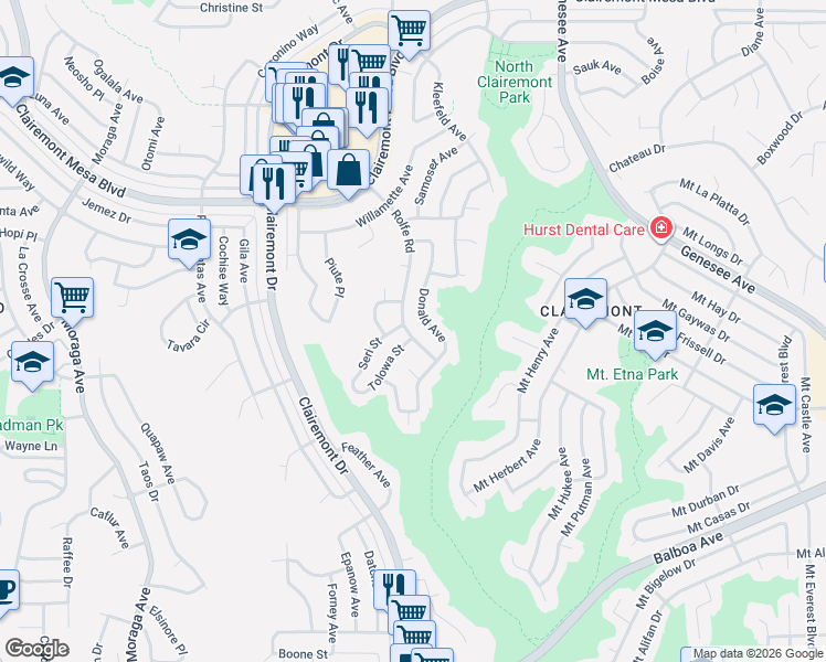 map of restaurants, bars, coffee shops, grocery stores, and more near 4272-4298 Tolowa Street in San Diego