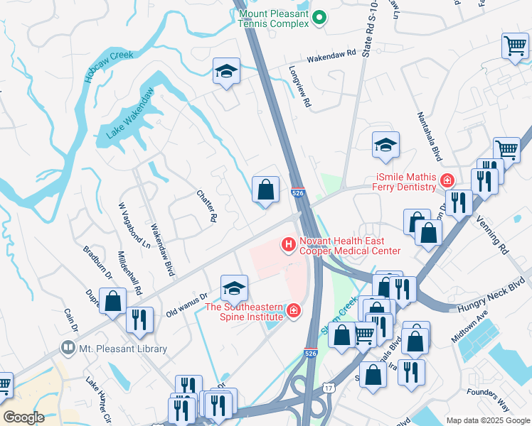 map of restaurants, bars, coffee shops, grocery stores, and more near in Mount Pleasant