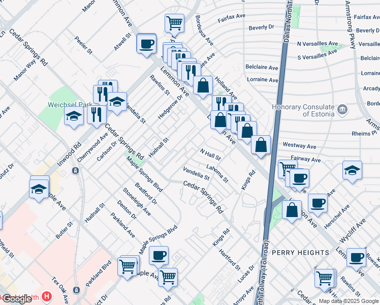 map of restaurants, bars, coffee shops, grocery stores, and more near 5152 Lahoma Street in Dallas