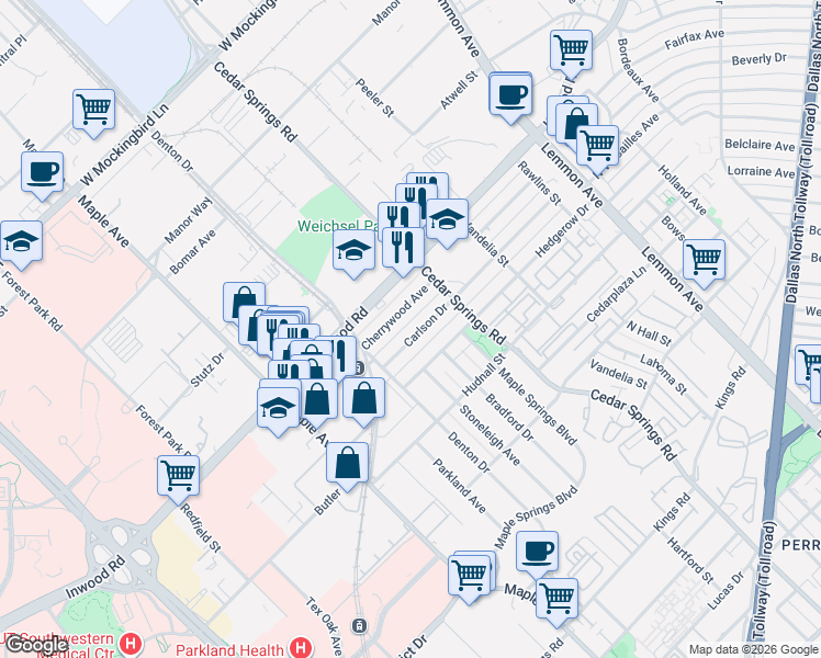 map of restaurants, bars, coffee shops, grocery stores, and more near 2838 Carlson Drive in Dallas