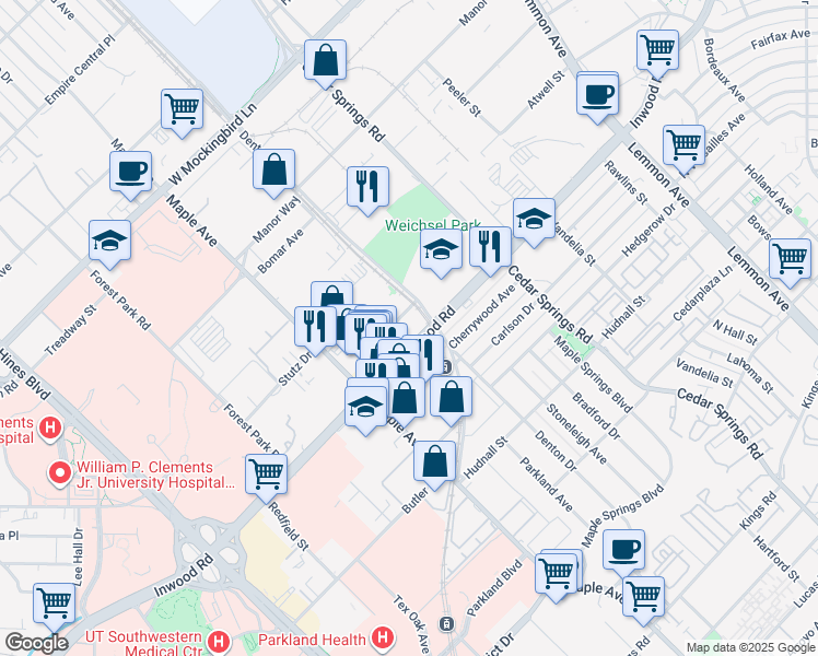 map of restaurants, bars, coffee shops, grocery stores, and more near 2603 Inwood Road in Dallas