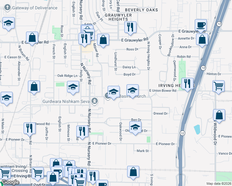map of restaurants, bars, coffee shops, grocery stores, and more near 1312 East Union Bower Road in Irving