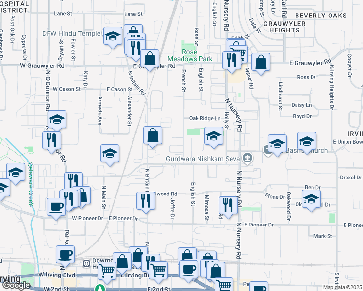 map of restaurants, bars, coffee shops, grocery stores, and more near 925 English Street in Irving