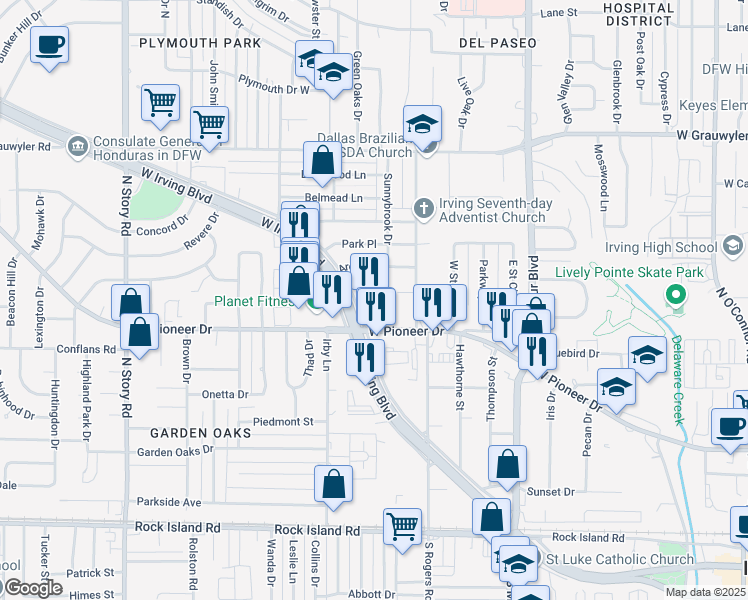 map of restaurants, bars, coffee shops, grocery stores, and more near in Irving