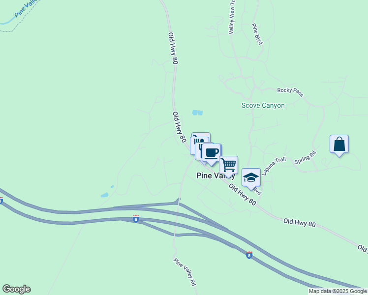 map of restaurants, bars, coffee shops, grocery stores, and more near 28765 Old Highway 80 in Pine Valley