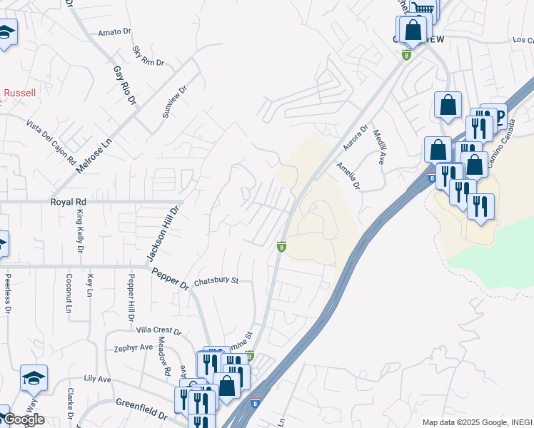 map of restaurants, bars, coffee shops, grocery stores, and more near 12970 Highway 8 Business in El Cajon