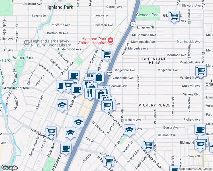 map of restaurants, bars, coffee shops, grocery stores, and more near 3206 Goodwin Avenue in Dallas