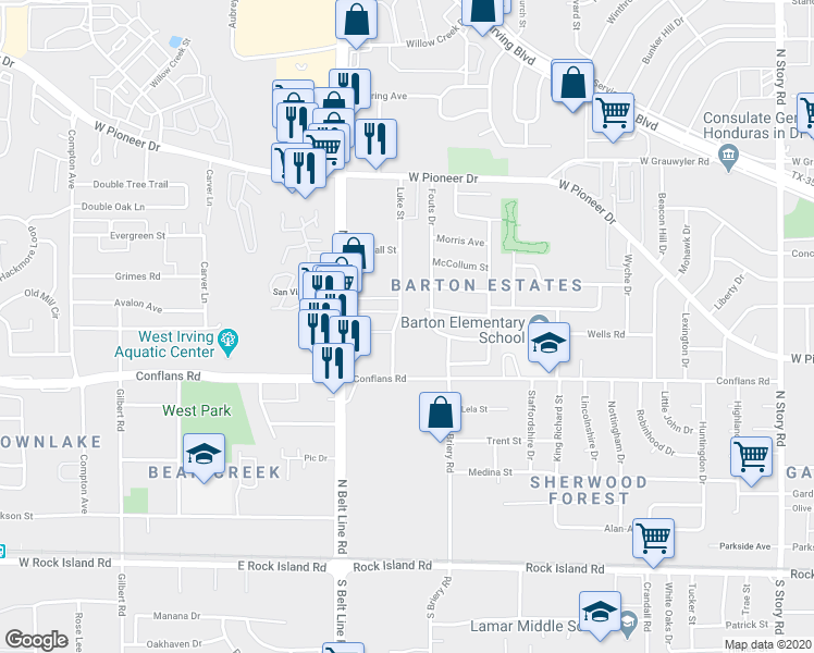 map of restaurants, bars, coffee shops, grocery stores, and more near 826 Luke Street in Irving