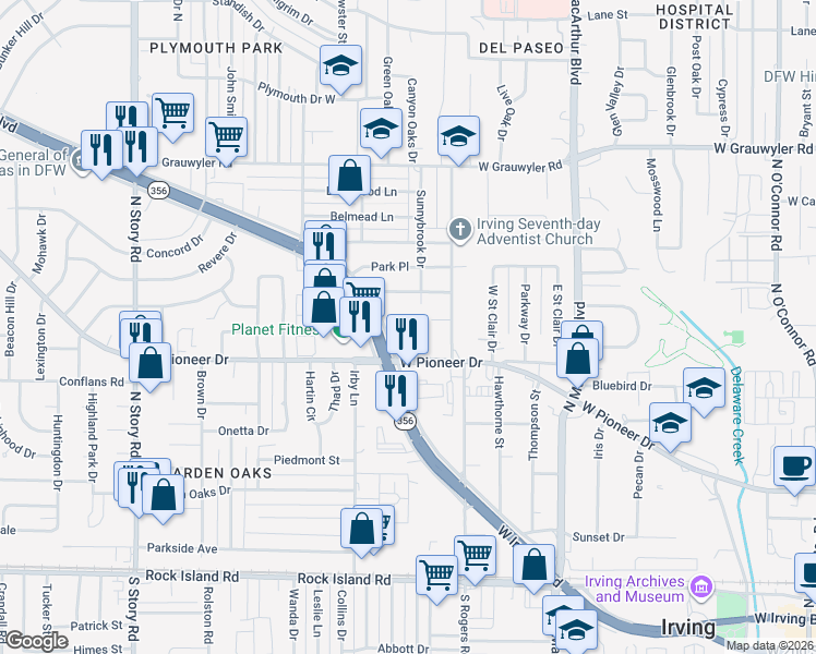 map of restaurants, bars, coffee shops, grocery stores, and more near 1717 West Irving Boulevard in Irving