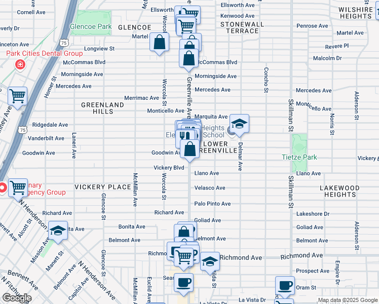 map of restaurants, bars, coffee shops, grocery stores, and more near 5698 Goodwin Avenue in Dallas