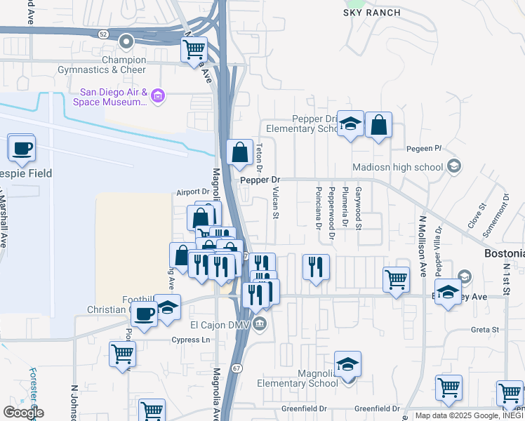 map of restaurants, bars, coffee shops, grocery stores, and more near 1739 Summertime Drive in El Cajon