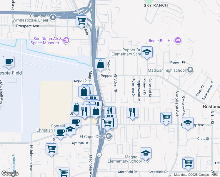 map of restaurants, bars, coffee shops, grocery stores, and more near 1701 Summertime Drive in El Cajon