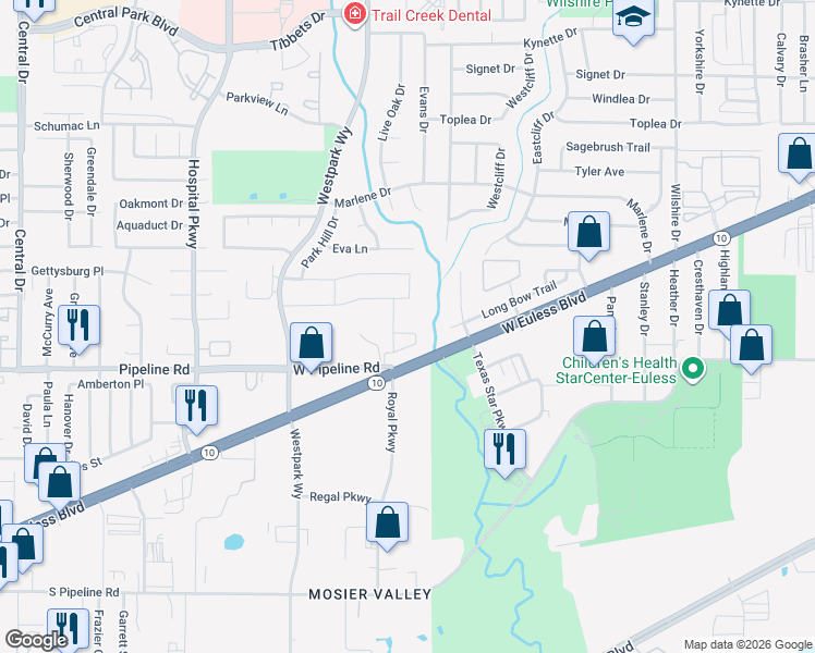 map of restaurants, bars, coffee shops, grocery stores, and more near 1008 Presidio Circle in Euless