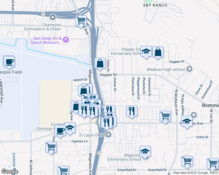 map of restaurants, bars, coffee shops, grocery stores, and more near 1772 Summertime Drive in El Cajon