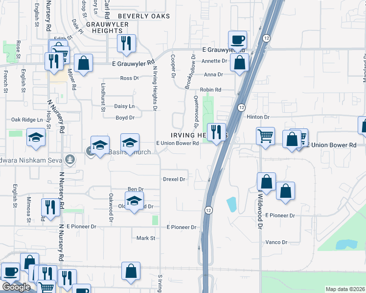 map of restaurants, bars, coffee shops, grocery stores, and more near 1701 Hendrix Drive in Irving