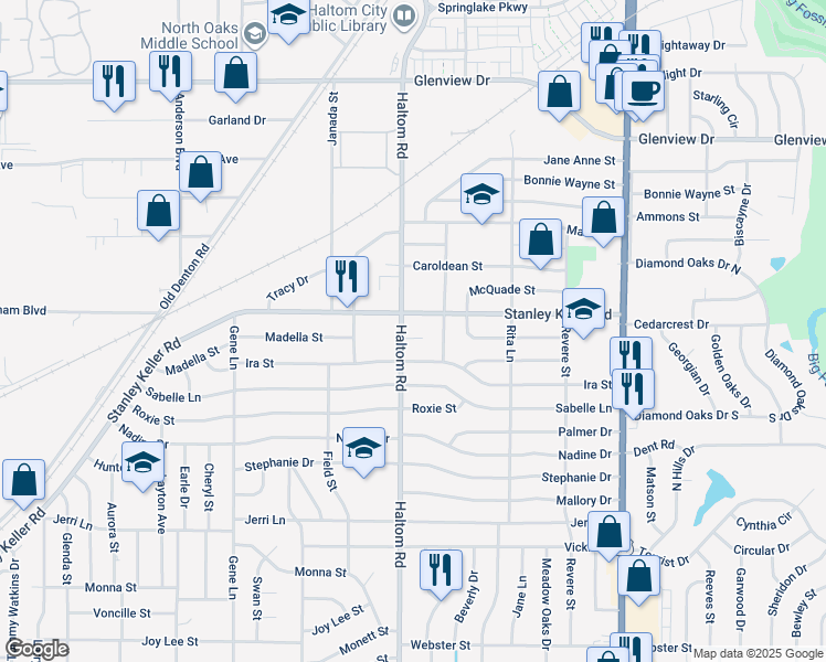 map of restaurants, bars, coffee shops, grocery stores, and more near 5105 Herrick Court in Haltom City