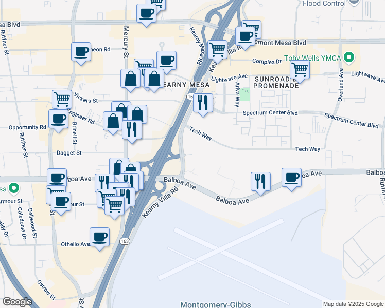 map of restaurants, bars, coffee shops, grocery stores, and more near 8316 Century Park Court in San Diego
