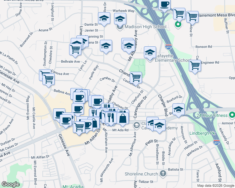 map of restaurants, bars, coffee shops, grocery stores, and more near 4336 Charing Place in San Diego