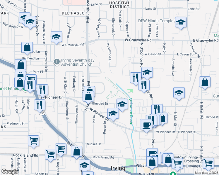 map of restaurants, bars, coffee shops, grocery stores, and more near 909 North O'Connor Road in Irving