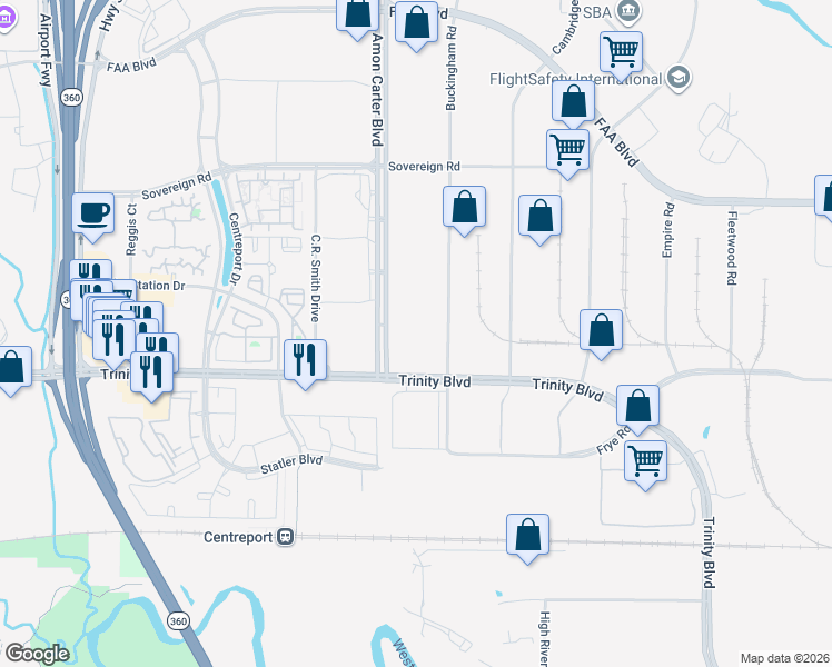 map of restaurants, bars, coffee shops, grocery stores, and more near 4200 Amon Carter Boulevard in Fort Worth