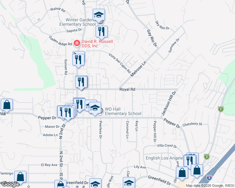 map of restaurants, bars, coffee shops, grocery stores, and more near 8039 Wonder Lane in El Cajon