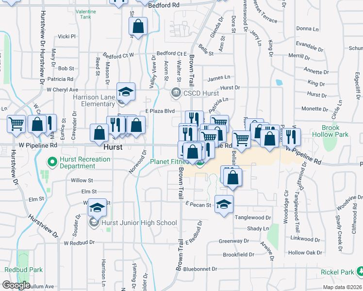 map of restaurants, bars, coffee shops, grocery stores, and more near E Pipeline Rd & Brown Trail in Hurst