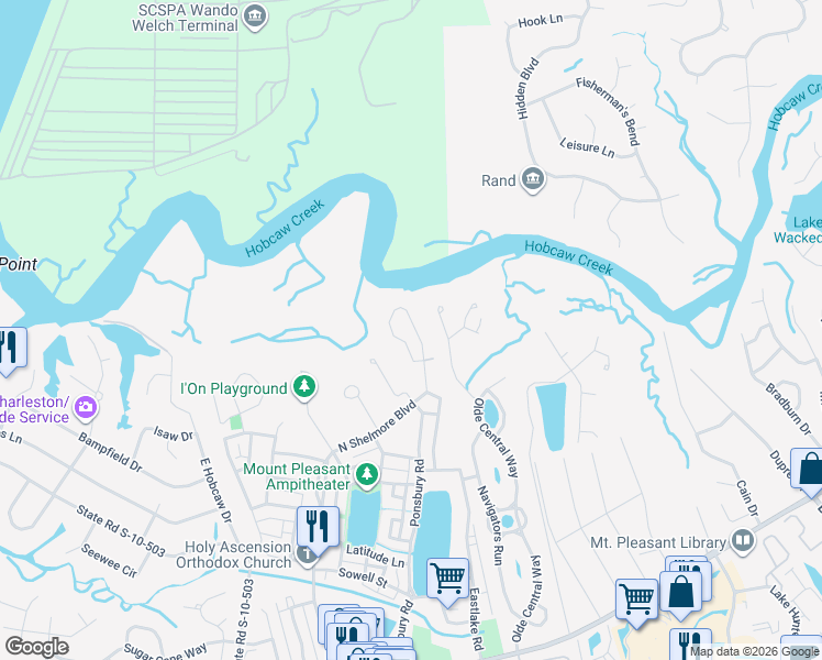map of restaurants, bars, coffee shops, grocery stores, and more near 53 Saturday Road in Mount Pleasant