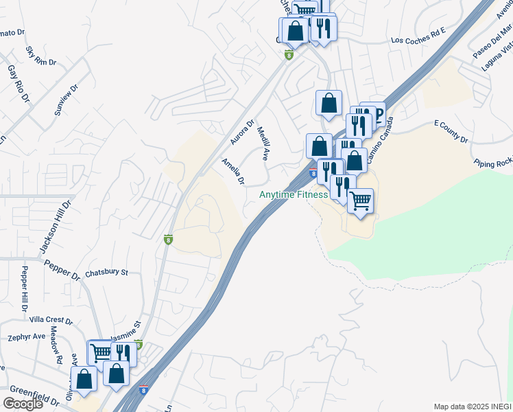 map of restaurants, bars, coffee shops, grocery stores, and more near 8011 Cindy Lynn Lane in El Cajon