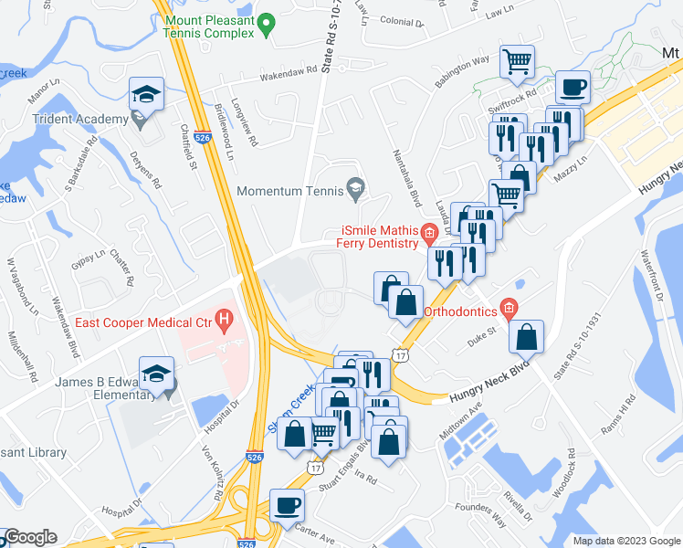 map of restaurants, bars, coffee shops, grocery stores, and more near 2012 Chatelain Way in Mount Pleasant