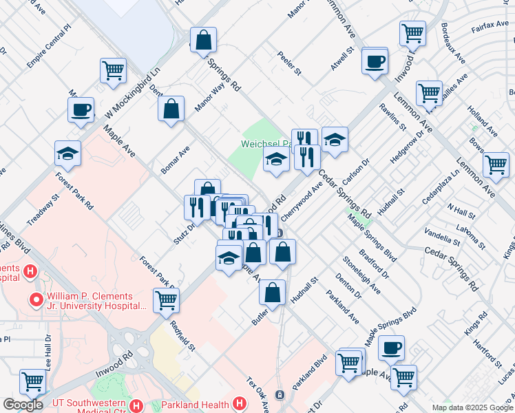 map of restaurants, bars, coffee shops, grocery stores, and more near 2727 Inwood Road in Dallas