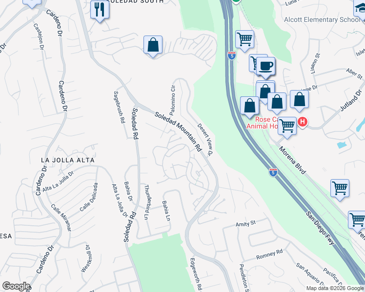 map of restaurants, bars, coffee shops, grocery stores, and more near 2163 Caminito Circulo Norte in San Diego