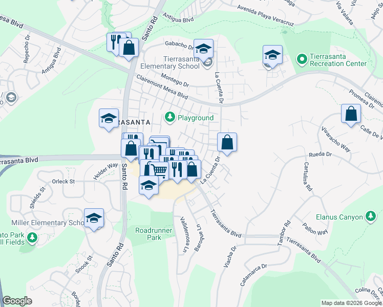 map of restaurants, bars, coffee shops, grocery stores, and more near 10771 Escobar Drive in San Diego