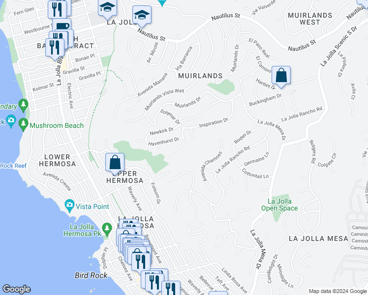map of restaurants, bars, coffee shops, grocery stores, and more near 6141 Terryhill Drive in San Diego