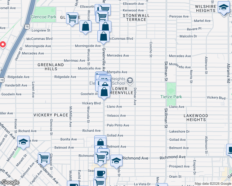 map of restaurants, bars, coffee shops, grocery stores, and more near in Dallas