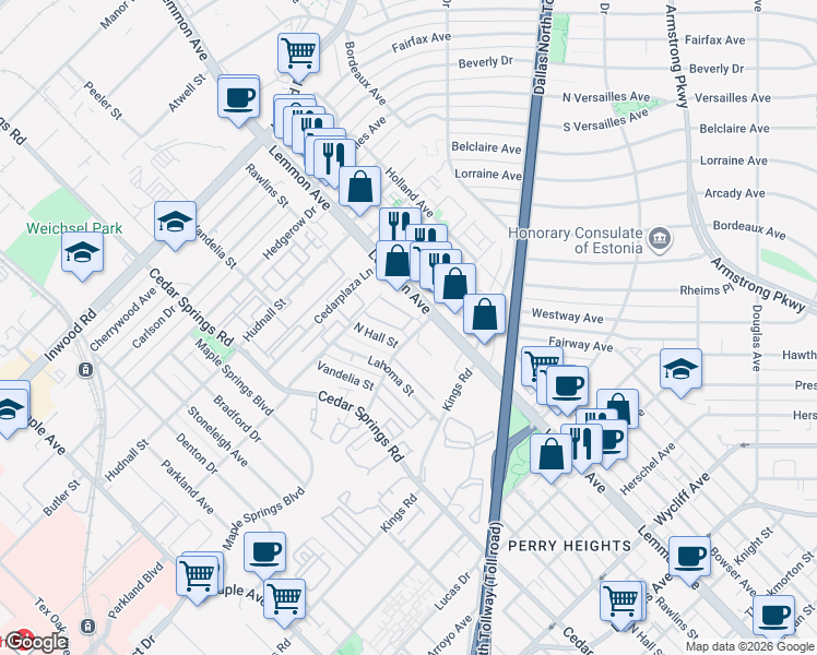 map of restaurants, bars, coffee shops, grocery stores, and more near 3443 Mahanna Street in Dallas