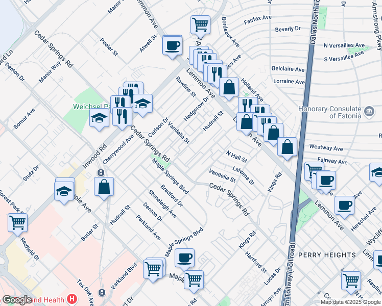 map of restaurants, bars, coffee shops, grocery stores, and more near 3126 Hudnall Street in Dallas