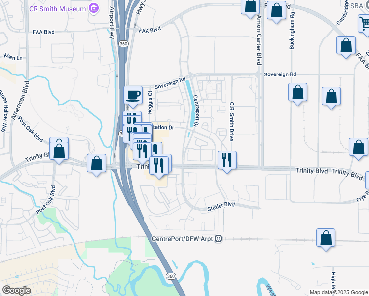 map of restaurants, bars, coffee shops, grocery stores, and more near 14469 Trinity Boulevard in Fort Worth