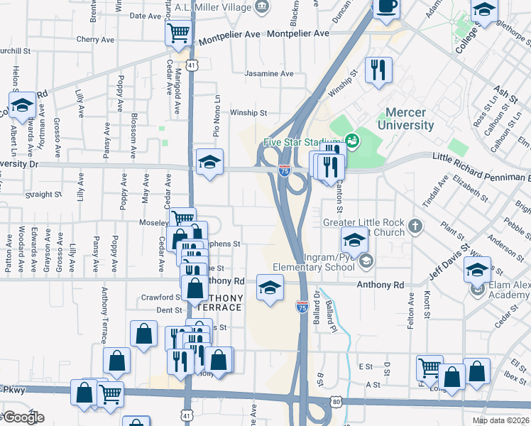 map of restaurants, bars, coffee shops, grocery stores, and more near 1850 Fletcher Street in Macon