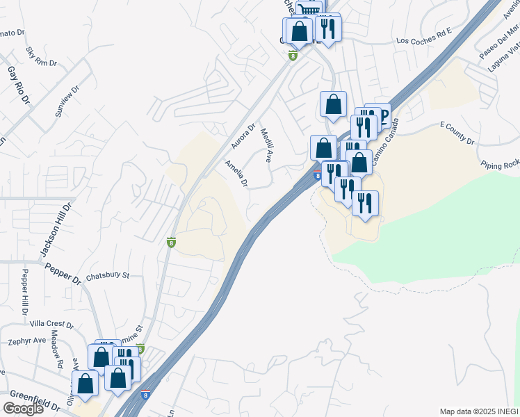 map of restaurants, bars, coffee shops, grocery stores, and more near 8011 Cindy Lynn Lane in El Cajon