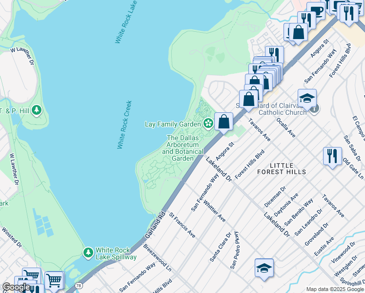 map of restaurants, bars, coffee shops, grocery stores, and more near 8525 Garland Road in Dallas