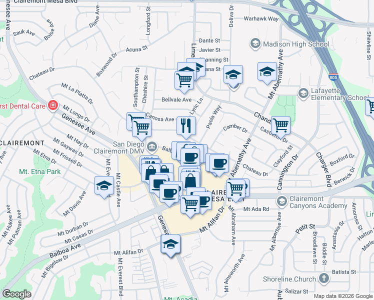 map of restaurants, bars, coffee shops, grocery stores, and more near 5402 Balboa Arms Drive in San Diego